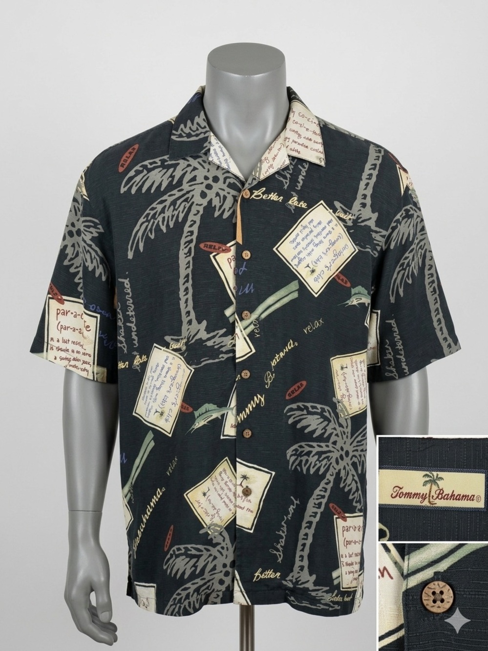 Tommy Bahama Black Palm & Postcard Print Camp Shirt